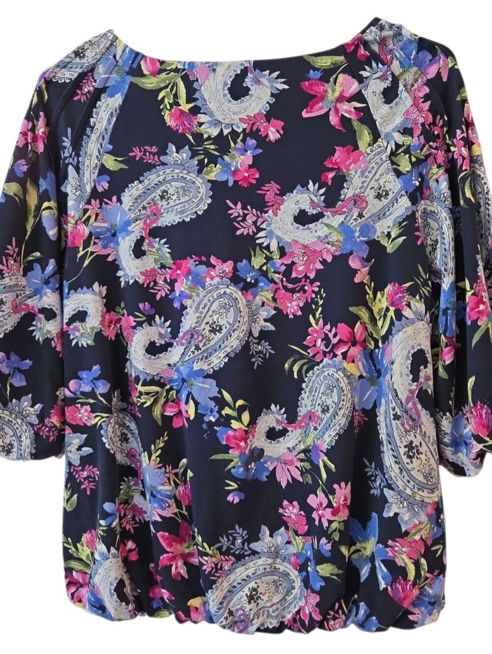 CHICO'S PAISLEY PINTUCK BUBBLE HEM TOP. SIZE 2 = LARGE. BLUE/ PINK. - Picture 5 of 12